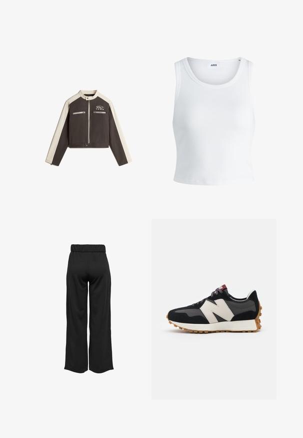 Vans RYDEN BIKER - Cowboyjakker - black; Hvid ribbet tanktop med rund halsudskæring, ærmeløs design og cropped længde. Etiketten står der "JJXX." Glat stoftekstur.; Sorte, vide bukser med elastisk talje, lavet af glat stof. Har et enkelt design uden lommer eller synlige sømdetaljer.; Sort og grå ruskinds sneakers med et stort cremefarvet "N" logo, lilla snørebånd og en struktureret gummisål.