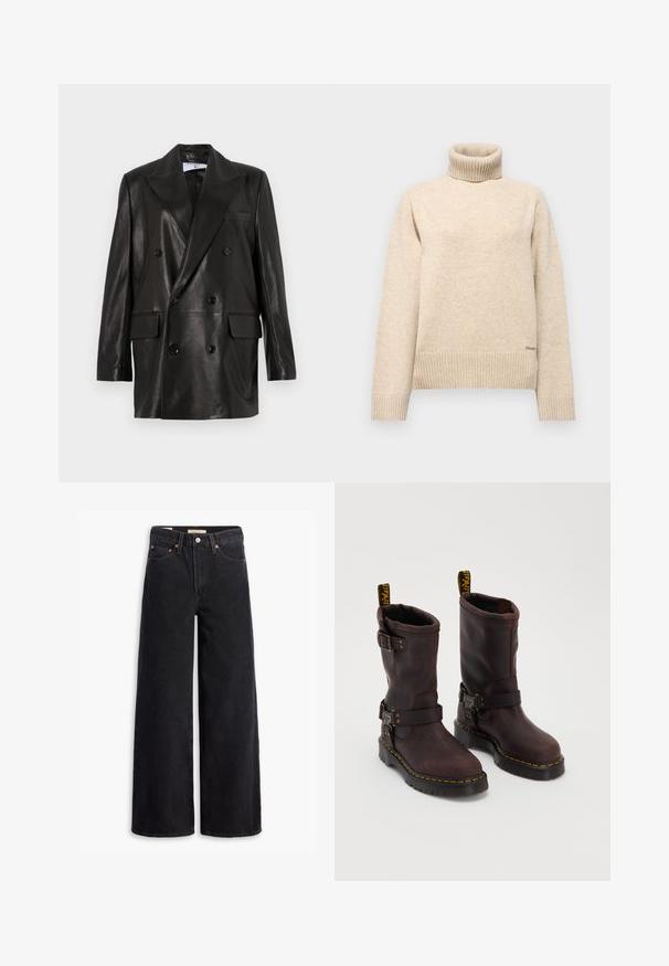 Fekete bőr, dupla gombos blézer széles hajtókákkal, elülső zsebekkel és gombdíszítéssel. Sima textúra, szabott sziluett.; Beige garbónyakú pulóver puha kötött anyagból készült. Bordás mandzsettákkal és alján egy diszkrét márkalogóval rendelkezik.; Fekete, bő szárú farmernadrág, öt zsebbel, réz szegecsekkel és klasszikus gombos kapoccsal. Simára kidolgozott textúrával és letisztult dizájnnal.; Barna bőr csizmák, középig érő dizájnnal, pánttal és csattal, vastag fekete talppal és sárga varrási díszítésekkel.
