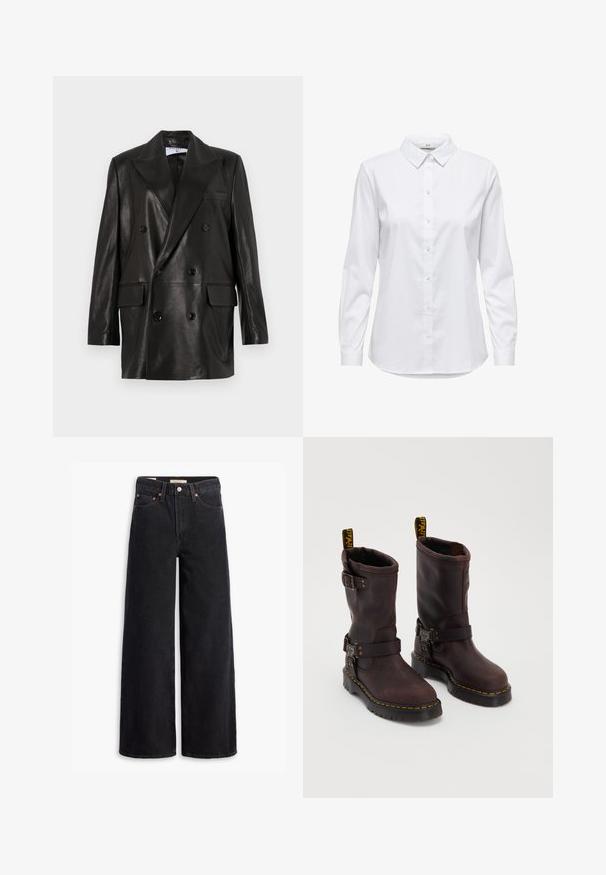 Blazer din piele neagră, cu două rânduri de nasturi, guler larg, buzunare frontale și accente din nasturi. Textură netedă cu o siluetă croită.; Cămașă albă, cu guler structurat și mâneci lungi, cu hem rotunjit. Fabricată dintr-un material solid, neted, fără modele sau accente vizibile.; Jeans negri cu picioare largi, confecționați din denim, cu cinci buzunare, cu cuie de cupru și o închidere clasică cu nasture. Textură netedă cu un design curat.; Botine din piele maro cu un design până la jumătatea gambei, cu o curea și o cataramă, o talpă groasă neagră și accente de cusătură galbenă.