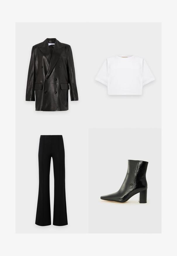 Černý kožený dvouřadý blazer s širokými klopy, předními kapsami a ozdobnými knoflíky. Hladká textura s upraveným siluetou.; Zkrácené bílé tričko vyrobené z měkké látky, má krátké rukávy, kulatý výstřih a žebrované detaily na lemech. Jednoduchý a nezdobený design.; Černé kalhoty s volným zakončením a vysokým pasem, vyrobené z elastického materiálu. Mají vertikální švy na přední straně a hladký povrch.; Černé kotníkové boty z lesklé kůže s špičatou špičkou a masivním, čtvercovým podpatkem. Vyznačují se hladkou texturou a minimalistickým designem.
