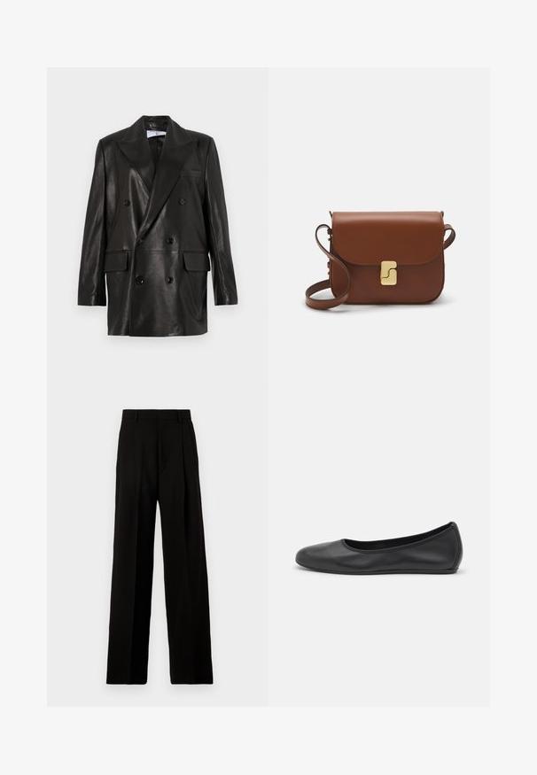 Juodas odinis dvigubos sagos švarkas su plačiais sklendais, priekinėmis kišenėmis ir mygtukų akcentais. Lygi tekstūra su pritaikytu siluetu.; Balta trumpa rankovėmis marškinėliai, pagaminti iš pasiruošusio audinio. Apvali iškirptė, reguliari tinkamumas ir subtilūs siuvimo detalės. Be raštų ar grafikos.; Juodos plačios kojos kelnės, pagamintos iš lygaus audinio, su aukštu liemeniu, priekinėmis raukšlėmis ir švaria, pritaikyta forma be papuošimų.; Juodai odiniai baletai su apvaliu pirštu, lygi texture, minimalus siuvimo detales ir lanksčiu padų dizainu.; Ruda odinė rankinė su uždaromu dangteliu, aukso spalvos detalėmis, petneša ir lygiu paviršiumi. Kompaktiška stačiakampio formos.
