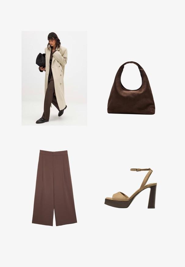 Cappotto beige doppiopetto con bottoni dorati, abbinato a un completo marrone e scarpe nere basse; con una borsa a mano nera.; Maglietta a maniche corte marrone realizzata in tessuto morbido, con scollatura rotonda e vestibilità rilassata. Nessun motivo o dettaglio visibile.; Pantaloni ampi marroni con una texture liscia, caratterizzati da una vita alta e pieghe frontali. Il tessuto è leggero e scorre liberamente.; Sandali con tacco alto in suede beige, con una larga fascetta anteriore e una fascetta alla caviglia, dotati di un tacco blocco in legno spesso con una finitura testurizzata.; Borsa hobo di un morbido marrone con una sola tracolla larga e un'apertura a manico curvo, esposta su uno sfondo bianco.