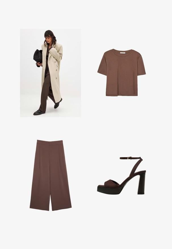 Béžový dvojradový kabát so zlatými gombíkmi, kombinovaný s hnedým oblekom a čiernymi plochými topánkami; drží čiernu kabelku.; Hnedé tričko s krátkym rukávom vyrobené z jemného materiálu, s okrúhlym výstrihom a voľným strihom. Žiadne viditeľné vzory ani akcenty.; Hnedé nohavice so širokými nohavicami a hladkou textúrou, s vysokým pásom a prednými skladmi. Tkanina je ľahká a voľne sa pohybuje.; Hnedé semišové sandále na vysokom podpätku s otvorenou špičkou, nastaviteľným členkovým remienkom a pruhovanou platformovou podrážkou.