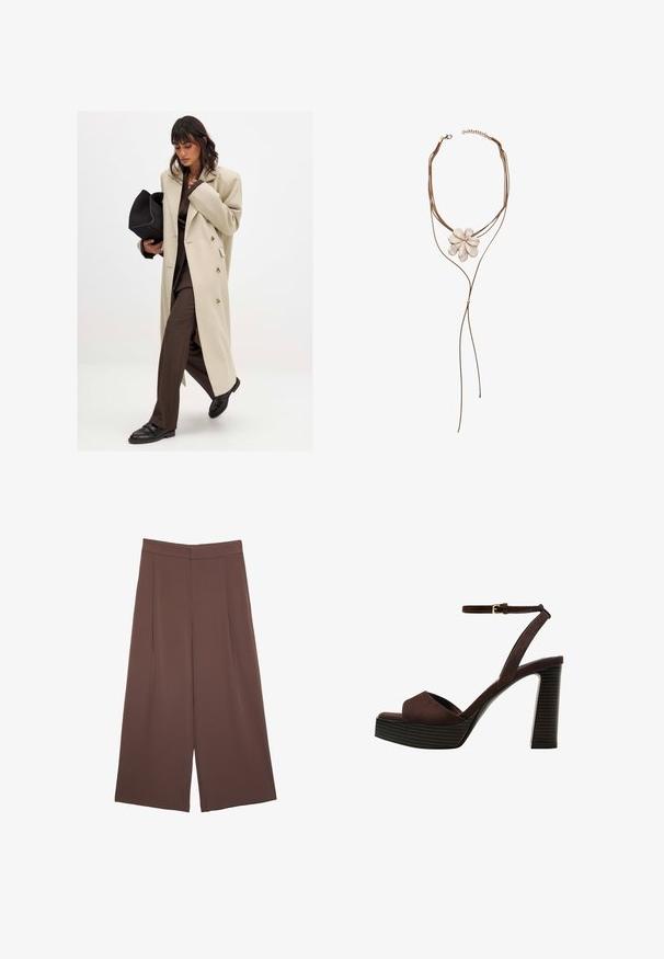 Béžový dvojradový kabát so zlatými gombíkmi, kombinovaný s hnedým oblekom a čiernymi plochými topánkami; drží čiernu kabelku.; Hnedé tričko s krátkym rukávom vyrobené z jemného materiálu, s okrúhlym výstrihom a voľným strihom. Žiadne viditeľné vzory ani akcenty.; Hnedé nohavice so širokými nohavicami a hladkou textúrou, s vysokým pásom a prednými skladmi. Tkanina je ľahká a voľne sa pohybuje.; Hnedé semišové sandále na vysokom podpätku s otvorenou špičkou, nastaviteľným členkovým remienkom a pruhovanou platformovou podrážkou.; Stradivarius FLORAL - Náhrdelník - beige