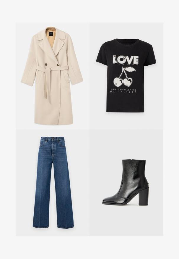 Beige vilnas jaukta divrindu mētelis ar lieliem uzpūstiem apkaklēm, divām pogām, priekšējiem kabatām un atbilstošu jostu. Odere gaišākā tonī.; Melna kokvilnas T-kreklā ar baltu grafiku, kurā attēlota vārds "Mīlestība" un divi ķirši sirds formā, kā arī zīmola teksts un datums.; Plati zilie džinsi no denima ar augstu jostasvietu, priekšējiem kabatām un kontrastējošiem diegiem. Audumam ir gluda tekstūra.; Melnas ādas potīšu zābaki ar gludu tekstūru, smailu purngalu un masīlu augstu papēdi. Iekļauts sānu atvērums un minimālistisks dizains.