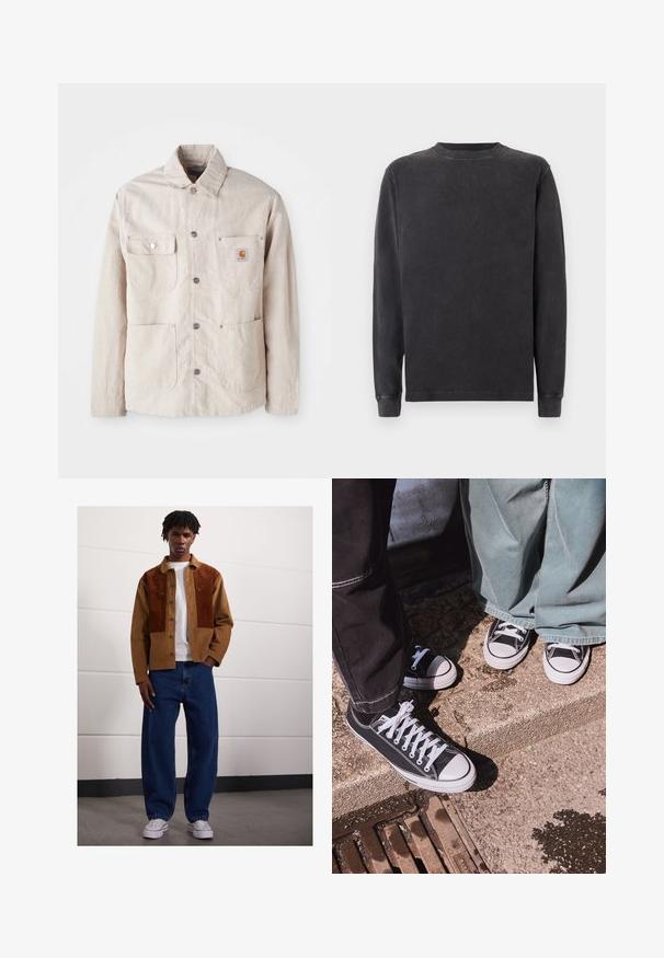 Beige színű munkakabát tartós anyagból, snap gombos elülső részével, két mellzsebével és logó felvarróval a bal oldali zseben.; Hosszú ujjú garbós pulóver sötétszürke színben, puha pamutkeverékből készült. Bordás mandzsettákkal és nyakkivágással rendelkezik, sima, enyhén texturált felülettel.; Férfi áll bent egy barna kordbársony dzsekiben rozsdás foltokkal, fehér pólóban, laza kék farmerben és fehér sportcipőben.; Fekete vászon, alacsony szárú sportcipők fehér gumibókos részekkel és fűzőkkel, széles zöld farmernadrággal párosítva, egy textúrált kőfelületen.