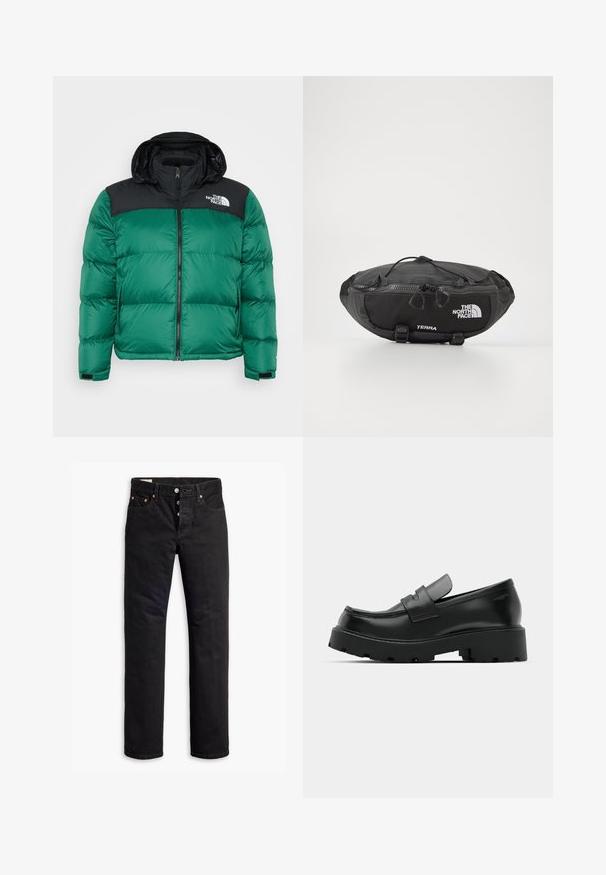 Grüne Pufferjacke mit schwarzer Kapuze und oberem Teil. Sie verfügt über einen Reißverschluss, seitliche Taschen und ein Logo auf der linken Brust.; Weißes Baumwoll-T-Shirt mit kurzen Ärmeln und einem runden Ausschnitt. Verfügt über ein pinkes Etikett am inneren Hals. Glatte Textur.; Schwarze Denim-Jeans mit geradem Schnitt, Fünf-Taschen-Design und Knopfverschluss. Mit Kupfennieten und Nähtelementen.; Schwarze Leder-Loafers mit einer chunky strukturierten Sohle, ausgestattet mit einem Riemen über dem Spann und einer glatten, polierten Oberfläche.; The North Face TERRA LUMBAR 3L UNISEX - Gürteltasche - asphalt grey/black