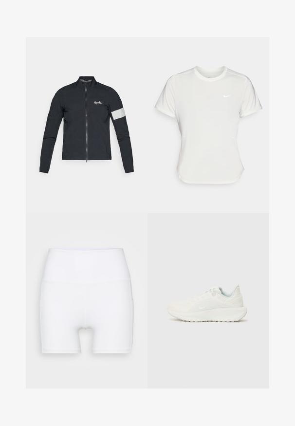 Rapha WOMENS CORE RAIN JACKET - Windjack - black/white; Nike T-shirt in het wit, korte mouwen, ronde halslijn, gemaakt van een gladde, lichte stof. Bevat een subtiele logo op de borst.; Witte hoge taille shorts van rekbare stof. Kenmerken een gladde textuur en een aansluitend ontwerp, zonder extra patronen of hardware.; Witte sportschoenen met een gestructureerde bovenkant, gevoerde kraag en vetersluiting. Voorzien van een gebogen buitenzool en subtiele branding aan de zijkant.