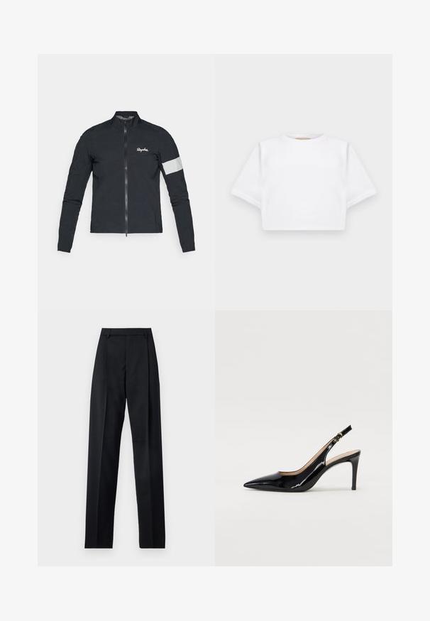 Rapha WOMENS CORE RAIN JACKET  - Veste coupe-vent - black/white; T-shirt blanc court en tissu doux, avec des manches courtes, un col rond et des détails en côtes sur l'ourlet. Design simple et sans embellissement.; Pantalon noir en tissu lisse avec taille haute, jambes larges, plis à l'avant et passants de ceinture classiques. Pas de poches latérales visibles.; Pompe slingback en cuir verni noir avec un bout pointu, un talon fin et un design de découpes subtil. Elle dispose d'une boucle dorée sur la sangle.