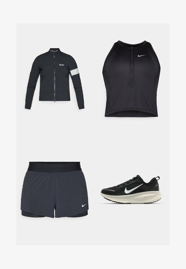 Rapha CORE czarny; Czarny sportowy crop top z zamkiem z przodu, z siateczkowymi akcentami i dopasowanym krojem. Wykonany z elastycznego, oddychającego materiału. Logo Nike z przodu.; Czarne szorty sportowe z elastycznym pasem, o warstwowej konstrukcji i małym białym logo Nike na dolnym lewym boku. Wykonane z lekkiego materiału.; Czarna biegowa półbut z oddychającej siateczki, białym logo swoosh, teksturowanymi detalami oraz kremową podeszwą środkową ZoomX.