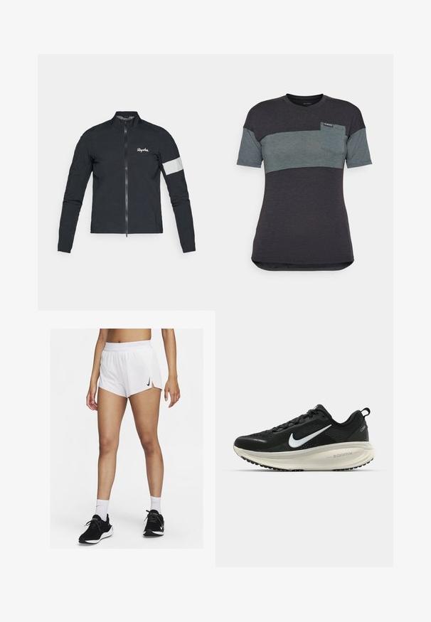 Rapha WOMENS CORE RAIN JACKET - Veste coupe-vent - black/white; T-shirt à manches courtes en gris foncé et turquoise avec un color block horizontal, présentant une poche sur la poitrine et une étiquette sur le col.; Shorts de sport blancs avec une ceinture côtelée, des fentes latérales et un logo Nike noir. Portés avec des baskets noires et des chaussettes hautes blanches.; Baskets de course noir Nike avec tige respirante en mesh, logo swoosh blanc, détails texturés et semelle intermédiaire ZoomX de couleur crème.