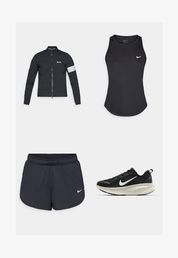 Rapha WOMENS CORE RAIN JACKET - Windbreaker - black/white; Schwarzes Sporttanktop aus feuchtigkeitsableitendem Material. Mit Rundhalsausschnitt, enger Passform und weißem Nike-Logo auf der Brust.; Schwarze Sportshorts aus leichtem, atmungsaktiven Material. Mit elastischem Bund und weißem Nike-Logo auf der unteren rechten Seite.; Schwarzer Nike-Laufschuh mit atmungsaktivem Mesh-Obermaterial, weißem Swoosh-Logo, strukturierten Details und einer cremefarbenen ZoomX-Zwischensohle.