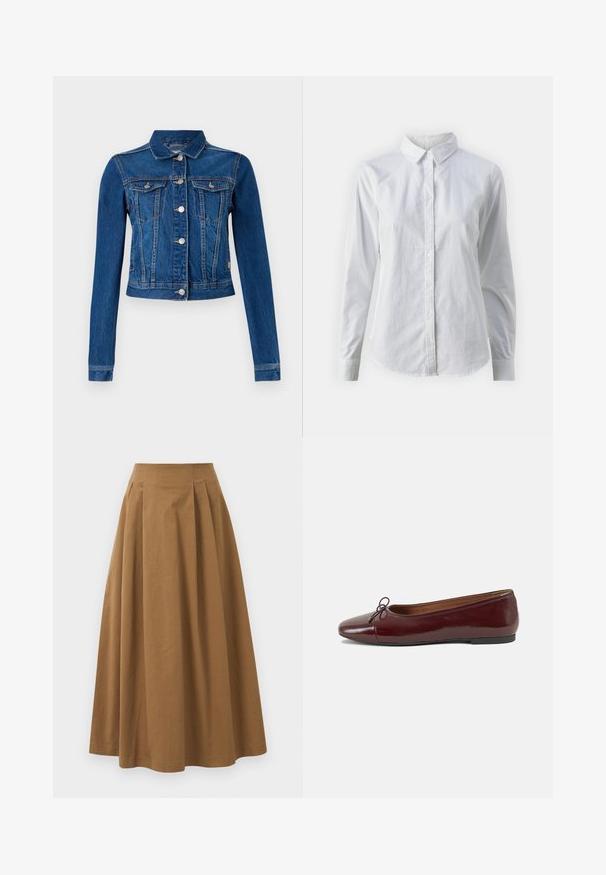 Casaco de ganga em azul médio com um design cropped, apresentando botões de pressão prateados, dois bolsos no peito e mangas longas com costuras em contraste.; Camisa branca de botão feita de algodão suave, com colarinho clássico, mangas longas e bainha curva. Os botões são pequenos e brancos.; Saia A-line de algodão castanho com cintura alta, apresentando pregas na parte da frente e uma textura suave. As bordas da bainha são limpas e simples.; Bailarinas em couro sintético borgonha com bico redondo, pequeno laço na frente e sola baixa em borracha preta. Textura suave.