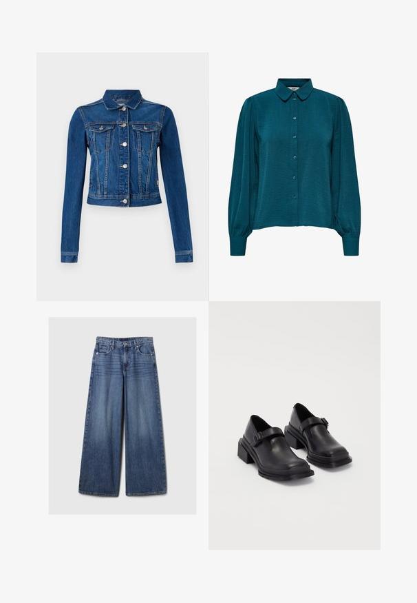 Vidutinio mėlynumo džinsinė striukė su trumpu dizainu, turinti sidabrinius spaudimus, du krūtinės kišenės ir ilgomis rankovėmis su kontrastinga siūle.; Mėlyna bluzonė su apykakle, mygtukų priekyje ir ilgomis rankovėmis. Pagaminta iš tekstūruotos medžiagos su surinktomis rankovėmis.; Platus mėlynos džinsinės kelnės su išblukusiu paviršiumi, su mygtukų ir užtrauktuko uždarymu, penkiomis kišenėmis ir diržo kilpomis.; Juodos odinės bateliai su apvaliu priekiu, plokščiu padu ir dirželiu su sagtimi. Didelis blokinis kulnas, užtikrinantis papildomą stabilumą.