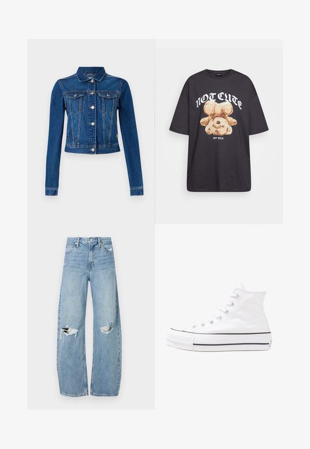 Τζάκετ τζιν σε μεσαίο μπλε χρώμα με κοντή σχεδίαση, με ασημένιες κουμπότρυπες, δύο τσέπες στο στήθος και μακριά μανίκια με αντίθετη ραφή.; Μαύρη oversized μπλούζα με γραφικό ενός αρκούδου και το κείμενο "ΟΧΙ ΓΛΥΚΊΣΤΙΚΗ ΑΛΛΆ ΑΓΡΙΑ" σε έντονη λευκή γραφή. Υφασμά από βαμβάκι.; Ανοιχτόμπλε, ψηλόμεσα τζιν φτιαγμένα από τζιν ύφασμα. Διαθέτουν φαρδιές καμπάνες, δύο σκισμένα γόνατα και κλασικό στιλ πέντε τσεπών.; Λευκό ψηλό καμβαδάκι αθλητικό παπούτσι με μαύρη καουτσούκ σόλα, πρόσθιο καουτσούκ καλύμματος δακτύλου και έξι οπές για κορδόνια, με μια καθαρή και μίνιμαλ σχεδίαση.