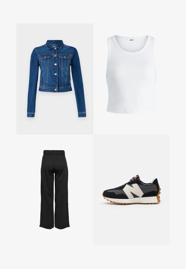 Denim jaka vidējā zilā krāsā ar kroptu dizainu, ar sudrabainām pogām, divām krūšu kabatām un garām piedurknēm ar kontrastējošu šuvi.; Balts ribots topiņš ar apaļu kakla izgriezumu, bez piedurknēm un īsā garumā. Uz birkas ir rakstīts "JJXX." Gluda auduma tekstūra.; Melnas, platas bikses ar elastīgu jostu, izgatavotas no gludas auduma. Iespējamā tīra dizaina ar bez kabatām un redzamām šuvēm.; Melnas un pelēkas zamšādas sporta kurpes ar lielu krēmkrāsas "N" logotipu, purpura šņorēm un strukturētu gumijas zoli.