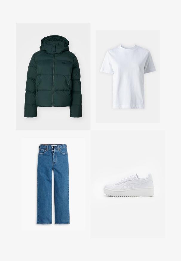 Zeleni puffer jakna s visokim ovratnikom, zatvorenim prednjim dijelom i bočnim džepovima. Ima suptilan logotip branda na prsima i kapuljaču.; Bjela pamučna majica s okruglim izrezom, kratkim rukavima, ravnim krojem i glatkom teksturom. Bez uzoraka ili ukrasa.; Plave traperice ravnog kroja s visokim strukom, dizajn s pet džepova i dugmetom za zatvaranje. Primjetno šavovi i zakovice u boji bakra.; Bijele platformske tenisice s glatkom kožnom teksturom, perforiranim detaljima i ravnim vezicama; imaju debeli bijeli gumeni potplat.