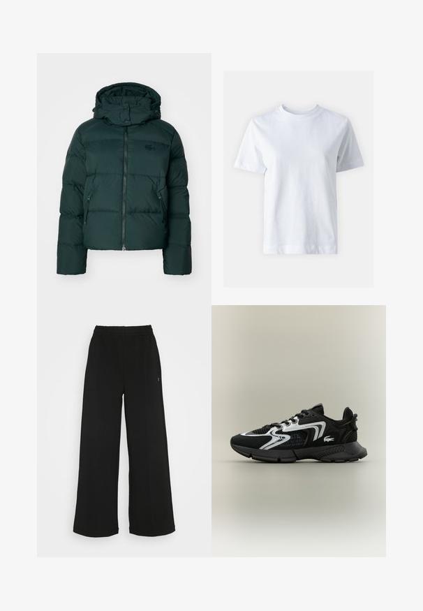 Zelena puhovka z visokim ovratnikom, z zadrgo spredaj in stranskimi žepi. Ima diskreten logotip blagovne znamke na prsih in kapuco.; Bela bombažna majica s krojem na vratu, kratkimi rokavi, ravnim krojem in gladko teksturo. Brez vzorcev ali okrasnih elementov.; Črne široke hlače s elastičnim pasom. Narejene so iz mehkega, lahko materiala. Imajo vertikalne šive spredaj.; Črne atletske čevlje z mrežnimi paneli, srebrnimi akcenti in teksturiranimi črnimi prekritji. Imajo vezalke in ukrivljen, trpežen podplat.