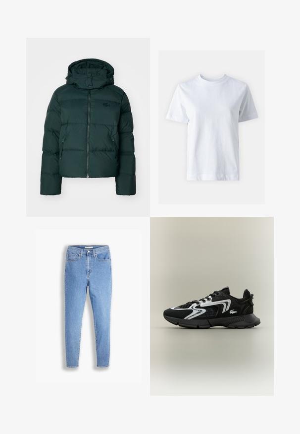 Zeleni puffer jakna s visokim ovratnikom, zatvorenim prednjim dijelom i bočnim džepovima. Ima suptilan logotip branda na prsima i kapuljaču.; Bjela pamučna majica s okruglim izrezom, kratkim rukavima, ravnim krojem i glatkom teksturom. Bez uzoraka ili ukrasa.; Svijetloplave visokostrukne uske traperice sa prednjim i stražnjim džepovima, kopčanjem na gumb i petljama za remen na bijeloj pozadini.; Crne atletske tenisice s mrežastim panelima, srebrnim detaljima i teksturiranim crnim vijencima. Imaju vezice i zakrivljeni, čvrsti potplat.