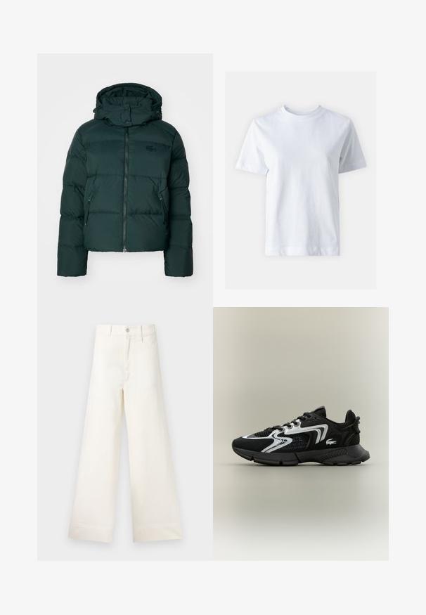 Žalia pūkinė striukė su aukštu apykakle, užtrauktuku priekyje ir šoniniais kišenėmis. Apdaila su subtiliu prekės ženklu ant krūtinės ir su kapišonu.; Balta medvilnė marškinėliai su apvalia iškirpte, trumpomis rankovėmis, tiesiu siluetu ir lygiu paviršiumi. Be raštų ar dekoracijų.; Platus kojų kelnes šviesiai smėlio spalvos medvilnės. Aukšta juosmens linija, priekinės kišenės ir tiesus kirpimas. Švarus apvadas be raštų.; Juodi sportiniai bateliai su tinklinėmis panelėmis, sidabriniais akcentais ir tekstūruotais juodais papildais. Su raišteliais ir išlenktu, tvirtu padu.