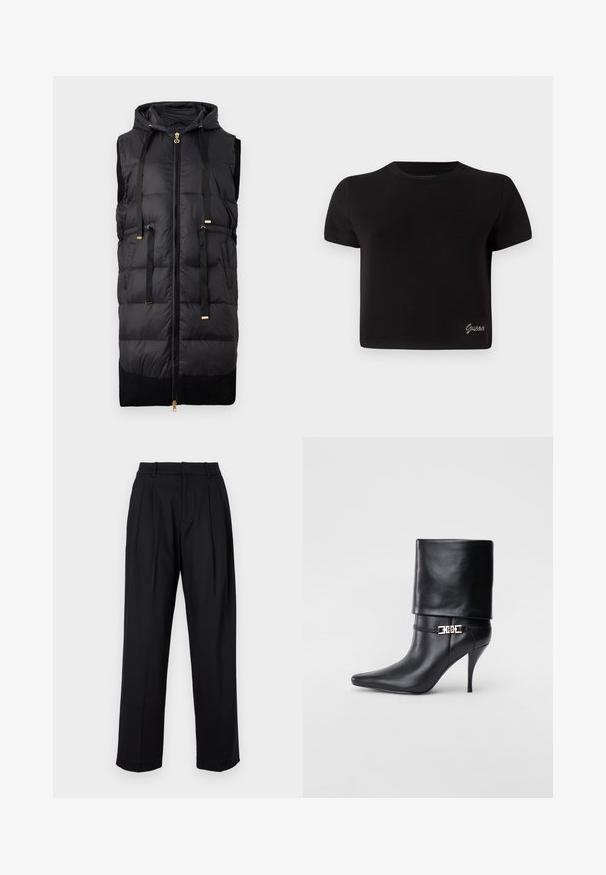 Czarna bezrękawnikowa kamizelka puchowa z kapturem, z przednim zamkiem błyskawicznym i złotymi akcentami metalowymi oraz prążkowanym, czarnym, dzianinowym dołem.; Czarna, krótko rękawowa koszulka z bawełny. Posiada okrągły dekolt i małe srebrne logo "Guess" na dolnym lewym rogu.; Czarne spodnie o dopasowanym kroju, z wysokim stanem, fałdami i prostymi nogawkami. Wykonane z gładkiego materiału w jednolitej kolorystyce.; Czarne skórzane botki za kostkę z ostrym noskiem, wysokim obcasem w kształcie stiletto, z załamanym mankietem oraz złotym dekoracyjnym zapięciem na kostce.