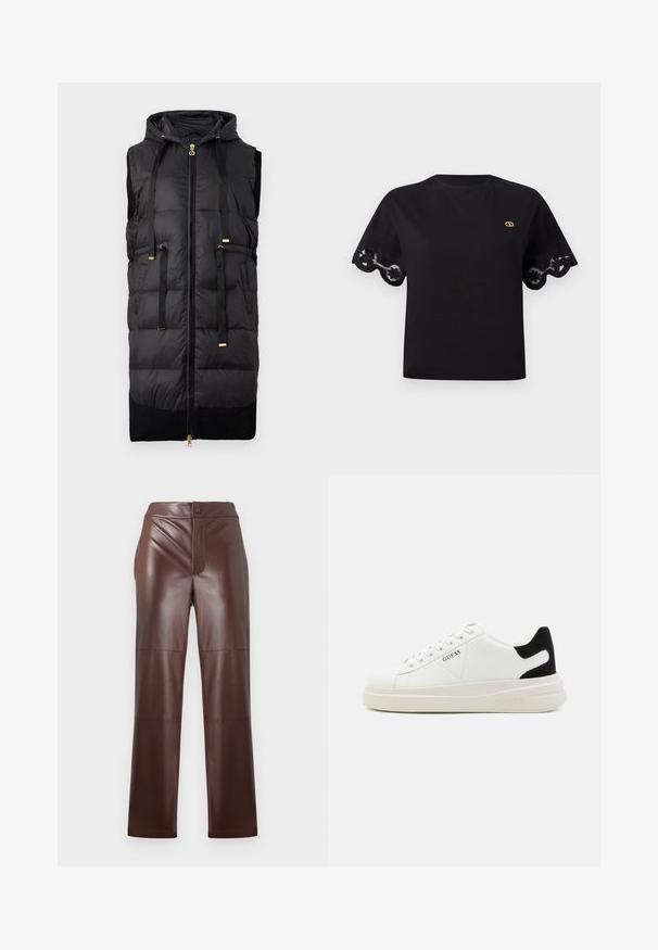 Černá bezrukávová péřová vesta s kapucí, obsahující přední zip a zlaté kovové detaily, a elastický černý pletený spodní lem.; Černé bavlněné tričko s krátkými rozšířenými rukávy, ozdobené krajkovým lemem ve tvaru vlnky. Malé zlaté logo na hrudi. Jednoduchý, klasický design.; Hnědé kalhoty z faux kůže se přímým střihem a hladkou texturou. Mají přední zip a zapínání na knoflík, doplněné tónovým švem.; Bílé kožené tenisky s tlustou bílou podrážkou, černým semišovým akcentem na patě a vyraženým logem na boku. Šněrovací design se šesti očka.