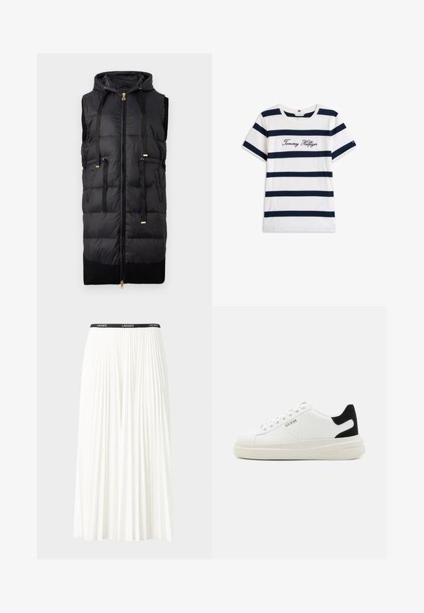 Schwarze ärmellose Steppweste mit Kapuze, ausgestattet mit einem Reißverschluss vorne und goldfarbenen Hardware-Akzenten sowie einem gerippten schwarzen Strickbund.; Baumwoll-T-Shirt mit horizontalen navy-blauen Streifen auf weißem Hintergrund. "Tommy Hilfiger" in Kursivschrift auf der Brust gestickt. Runder Halsausschnitt.; Faltenrock aus Weiß mit einem schwarzen elastischen Bund, der das "LACOSTE"-Logo trägt. Mittellanges Design mit weicher Textur.; Weiße Leder-Sneaker mit einer dicken weißen Sohle, schwarzem Wildlederakzent an der Ferse und geprägtem Logo an der Seite. Schnürdesign mit sechs Ösen.