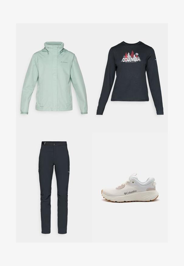 Hele roheline veekindel jakk, millel on kõrge krae, reguleeritav kapuuts ja logo. Sile tekstuur, elastsed mansetid ja eesmine tõmblukk.; Pikend varrukatega tumehall särk, millel on punaste puude ja mägede graafika; "COLUMBIA" logo julge valge tekstiga. Pehme kangas, tavaline ümmargune kaelus.; Meeste välkpüksid, tumehallid, valmistatud paindlikest materjalidest, vöökohaga, tõmblukuga taskud ja tugevdatud õmblused.; Kerged Columbia spordijalanõud valgest võrgust, millel on tekstureeritud hall tall ja kummist haardepind. Omaduseks on polsterdatud krae ja nööridega kinnitussüsteem.