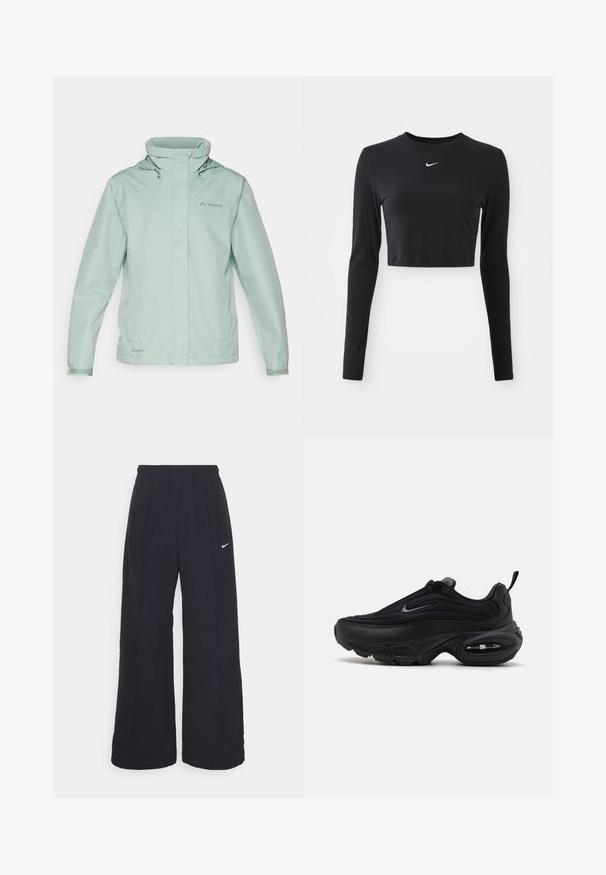 Giacca impermeabile verde menta chiaro, con colletto alto, cappuccio regolabile e logo. Texture liscia con polsini elasticizzati e zip frontale.; Top corto a maniche lunghe nero realizzato in tessuto morbido, con scollo rotondo e logo Nike bianco sul petto.; Pantaloni neri a gamba larga con cintura elastica e un piccolo logo Nike bianco. Il tessuto ha una texture liscia, progettata per il comfort e l'abbigliamento casual.; Scarpa sportiva nera con una tomaia liscia e testurizzata. Presenta punta tonda, colletto imbottito e ammortizzazione ad aria visibile nella suola.