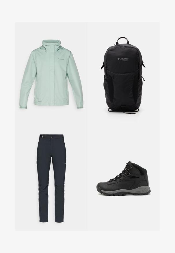 Šviesiai mėtų žalios spalvos vandeniui atspari striukė, su aukštu apykakle, reguliuojamu gobtuvu ir logotipu. Lygus audinys su elastingomis rankovėmis ir priekiniais užtrauktukais.; Juodas "Columbia" marškinėliai su balta apskrita kalnų ir upės linijų grafika bei tekstu "Columbia Sportswear Company Lauke nuo 1938 metų."; Vyrų lauko kelnės, tamsiai pilkos, pagamintos iš elastingos medžiagos, su diržu, užtrauktukais užtraukiamomis kišenėmis ir sustiprinta siūle.; Juodas žygio botas su vidutinio aukščio dizainu, pasižymintis tekstūruota viršutine dalimi, pilkų akcentų ir patvaria guma padanga su sukibimo gumbais.; Juodas Columbia Titanium kuprinė su lygaus audinio tekstūra, šoninėmis kišenėmis, viršutine rankena ir reguliuojamomis petnešomis. Minimalistinis dizainas su subtiliu logotipu.