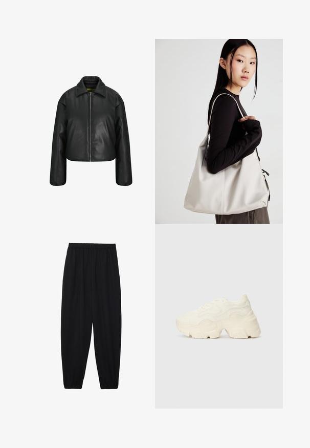 Black cropped leather jacket with a zip front, wide collar, and dropped shoulders. Smooth texture with a classic design.; Black and white T-shirts, round neck, short sleeves. Black shirt features yellow sun embroidery; white has purple crescent moon accent.; Black, lightweight pants with an elastic waistband and gathered ankles. The fabric is smooth and features a relaxed, tapered design.; Chunky white sneakers made of textured mesh and synthetic materials, featuring a thick sole and intricate pattern details along the sides.; Beige handbag made of soft material, featuring a slouchy design, stitched detailing, and two shoulder straps. Suitable for everyday use.