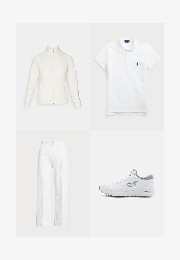 Vit zip-up jacka med hög krage. Har quiltade frampaneler och ribbade ärmar, vilket ger en texturerad kontrast. Slät yta överlag.; Vit bomullspolo med klassisk krage, korta ärmar och en marinblå broderad logotyp på vänster bröst. Femknapps-knäppning.; Vita vida byxor med hög midja, med knappstängning och subtila sömmar. Tillverkade av bomull med en slät textur.; Vita idrottsskor med en strukturerad mesh-ovandel, silverdetaljer och en lätt sula med små greppknoppar, märkta "ULTRA FLIGHT."