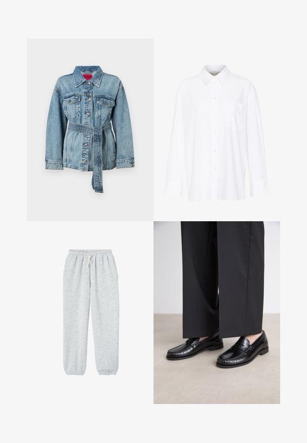 Helehelesin sinine teksajakk, millel on vööga talje, terav krae ja kaks rinna taskut. Kaunistatud hõbedaste nuppudega ja kerge kulumise tekstuuriga.; Valge pika käisega krae särg, mis on valmistatud puuvillast. Omab nööbipaneeli esiosa ja ühte rinna taskut. Sujuv tekstuur, vabalt lõigatud.; Hallkondid pehmetest kangast hallid dressipüksid, millel on elastne vöökoht koos nööriga ja elastsed mansetid pahkluudel.; Mustadest nahast loaferdest on sile pind, õmmeldud detaile varvaste ümber ja madal kummitald. Kombineeritud laia musta pükste jaoks.