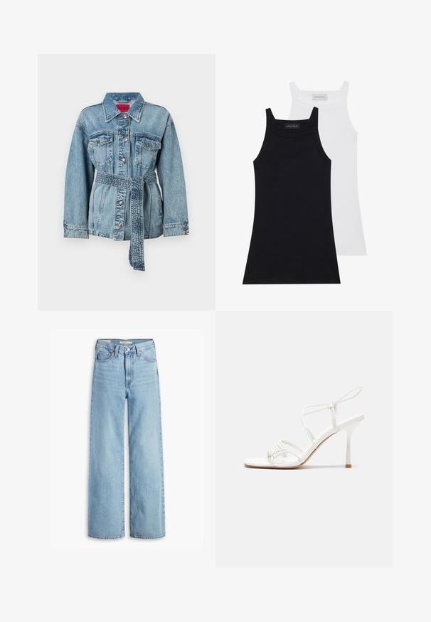 Lys blå denimjakke med belte i midjen, spiss krage og to brystlommer. Har sølvknapper og en lett slitt tekstur.; To stropper uten ermer i svart og hvitt. Laget av myk, elastisk stoff med ribbestruktur og en tettsittende design. Har smale stropper.; Høyt liv, lyseblå vide jeans med frontknapp og glidelås, beltehemper og fem lommer.; Hvit stroppesandale med høy hæl og flatt tåfeste, teksturert front med rynkede detaljer, og en smal ankelreim.