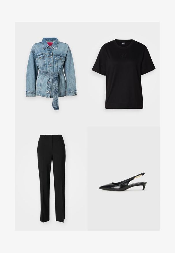 Világoskék farmerdzseki övvel megkötött derékkal, hegyes gallérral és két mellzsebbel. Ezüst gombokkal és enyhén kopott hatással rendelkezik.; Fekete pamut póló kerek nyakkivágással, rövid ujjakkal és hímzett logóval a mellkasán. Egyszerű, laza szabás, minta nélkül.; Fekete, testhezálló nadrág egyenes szárú kivitelben, sima textúrával és éles redőkkel az elején. Nincs látható fémalkatrész.; Fekete bőr slingback magassarkúk, hegyes orral, vékony sarkakkal és arany színű részlettel a állítható pánton. Simа felület.