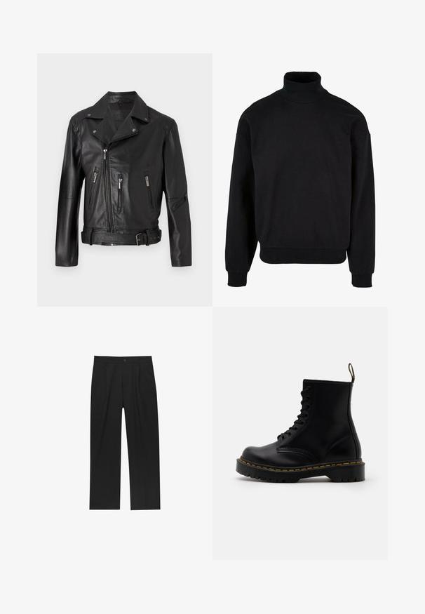 Zwart leren motorjack met een ingekapte kraag, asymmetrische ritsluiting, meerdere ritszakken en een ceintuur om de taille.; Zwarte turtle neck sweatshirt met eenRelaxed fit, lange mouwen en geribbelde manchetten. Gemaakt van een zachte, textuurstof.; Zwarte broeken met een recht model, gemaakt van een gladde stof. Voorzien van een voorplooien en een enkele knoopsluiting bij de taille.; Zwarte leren enkelboots met een vetersluiting aan de voorkant, gele stiksels, een ronde neus en een dikke, gestructureerde rubberen zool.