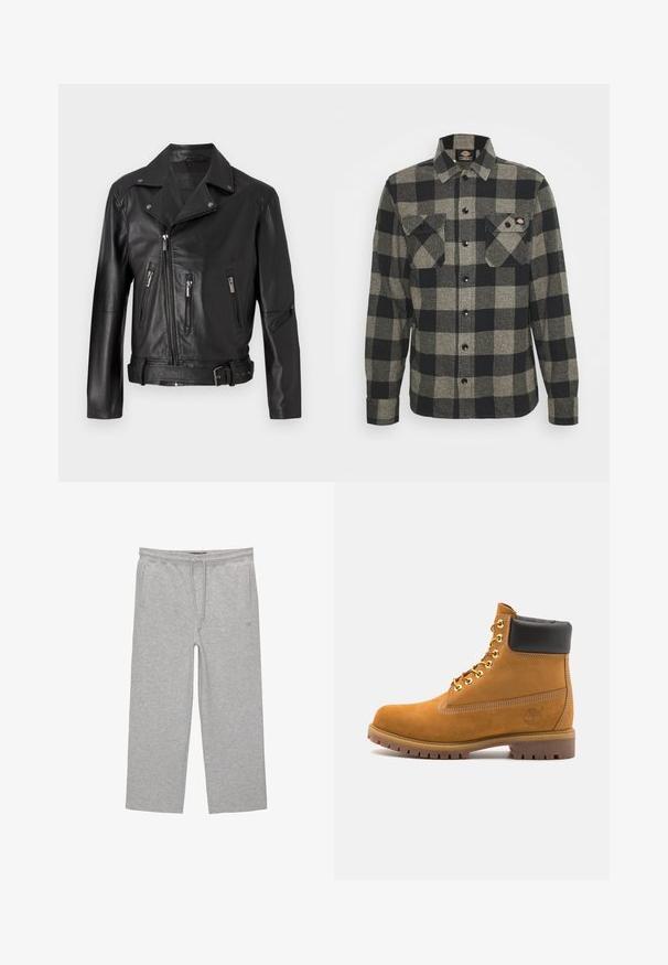 Schwarze Leder-Motorradjacke mit einer schmalen Kragen, asymmetrischem Reißverschluss, mehreren Reißverschlusstaschen und einem taillierten Bund.; Schwarzes und graues kariertes Flanellhemd mit langen Ärmeln, Knopfverschluss vorne, zwei Brusttaschen und einem leicht abgerundeten Saum. Strukturiert. ; Graue Baumwoll-Loungehosen mit elastischem Bund, Kordelzug und zwei seitlichen Taschen; gerader Schnitt, weiche Textur, ohne Muster.; Beige Wildleder-Ankle-Boot mit schwarzem gepolstertem Kragen, goldenen Metallösen, weißen Nähdetalben und einer robusten Gummisohle mit ausgeprägtem Profil.