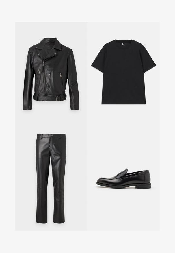 Zwart leren motorjack met een ingekapte kraag, asymmetrische ritsluiting, meerdere ritszakken en een ceintuur om de taille.; Zwart kortebril T-shirt van katoen, met een ronde hals en een klein logo detail near de zoom. Gladde textuur, normale pasvorm.; Zwarte leren broeken met een gladde textuur, recht model en subtiele stiksel langs de naden. Voorzien van een knoopsluiting in de taille.; Zwarte leren instappers met een gladde textuur, ronde neus en een decoratieve band over de wreef. Lage, gestapelde hak en minimalistisch ontwerp.