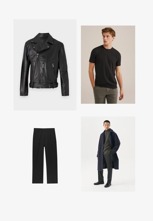Crna kožna moto jakna s udubljenim ovratnikom, asimetričnim zatvaranjem na zip, više zippered džepova i pojasom u struku.; Mladić s kovrčavom svijetlosmeđom kosom, odjeven u crnu majicu kratkih rukava i sive hlače, gleda ulijevo s rukama u džepovima.; Crne hlače ravnog kroja, izrađene od glatkog materijala. Imaju prednje nabore i jedan dugme na struku.; Mornarska jakna s kopčanjem na gumbe, zeleni teksturirani pulover, crne hlače i crne kožne čizme. Glatka tkanina s strukturiranim oblikom.
