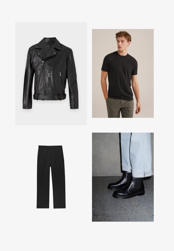 Jachetă de motocicletă din piele neagră, cu guler cu colțuri, închidere cu fermoar asimetric, multiple buzunare cu fermoar și talie cu curea.; Tânăr cu părul buclat de culoare brunet deschis, purtând un tricou negru cu mânecă scurtă și pantaloni gri, privind spre stânga cu mâinile în buzunare.; Pantaloni negri cu un design drept, fabricați dintr-un material neted. Au plisse în față și un sistem de închidere cu un singur buton la talie.; Botoșei Chelsea din piele neagră, cu panouri elastice pe laterale și talpă din cauciuc texturat, asortați cu blugi din denim ușor albastri, cu manșete.