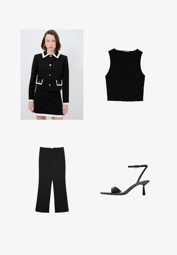 Sort cropped jakke med hvid krave og manchetter, guldknapper og lommer med hvid kant. Sættes sammen med et matchende sort skørt.; Sort ærmeløs crop top lavet af glat stof, med rund hals og et rent, enkelt design uden mønstre eller hardware.; Sorte bukser med lige pasform, der har frontlommer og slidser i kanten. Lavet af blødt, glat stof. Velegnet til forskellige anledninger.; Bershka Højhælede sandaletter / Højhælede sandaler - black