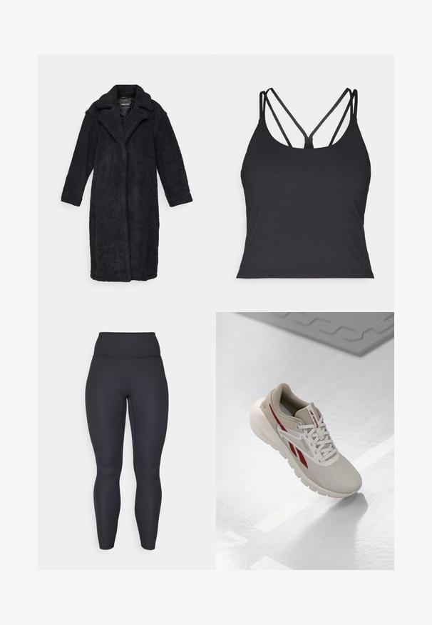 Črn, dolg, puhast plašč s ovratnikom, odprtim sprednjim delom in dolgimi rokavi. Tkanina ima teksturiran, puhast videz. Brez vidnih zaponk.; Črna majica brez naramnic z ozkimi naramnicami in križnim dizajnom na hrbtu. Narejena je iz mehkega in raztegljivega materiala ter ima oprijet silhueto.; Visoke črno rebraste legice z dovolj prilegajočim dizajnom, gladko teksturo in dolžino do gležnjev. Imajo širok pas za podporo.; Bežna športna obutev z rdečimi detajli, teksturirana mrežasta zgornji del, oblazinjen ovratnik in lahka podplat. Ima logo na strani in vezalni dizajn.