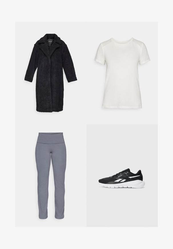 Svart, lang, fluffy kåpe med krage, åpen front og lange ermer. Stoffet har en teksturert, luksuriøs utseende. Ingen synlige lukkinger.; Hvit t-skjorte med kort erm laget av mykt stoff, med rund hals og en avslappet passform med glatte, sømløse skulderdetaljer.; Grå idrettsleggings med en bred, glatt midjebånd og en tettsittende, avsmalnende bendesign. Laget av et mykt, elastisk stoff.; Svart treningssko med åndbar mesh-overdel og hvite detaljer. Har en polstret såle og snørebånd for sikker passform.