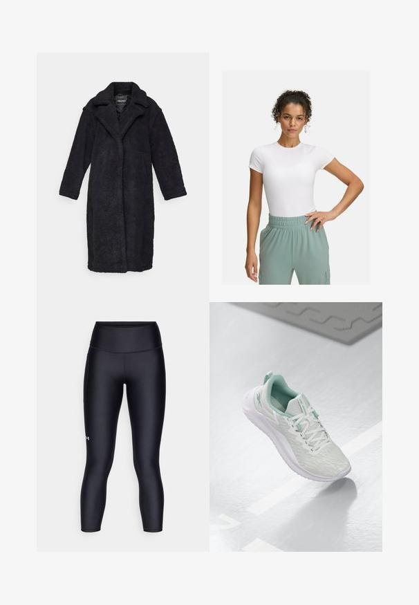 Must kodune, pikk, kohev mantel, millel on krae, avatud eesosa ja pikad varrukad. Kangas on tekstuurne ja siidine. Nähtavaid kinnitusi ei ole.; Valge lühikeste varrukatega T-särk, millel on sobiv lõige, kombineeritud helesiniste elastsete vöökohtpükstega. Sile tekstuur, minimalistlik disain ja nähtavaid mustreid pole.; Mustad mustad leggings, mis on valmistatud siledast ja elastsetest materjalidest. Kõrge vöökohaga disain, mis hoiab lähedast istuvust ning väikese logo vasakul jalal.; Heledad hallitushallide spordijalanõud tekstuurse kudumise ülaosaga, mündiroheline aktsent, valged nöörid, kummist tald ja tõmblõng kandmisel.