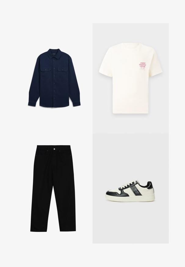 Camicia a maniche lunghe color blu navy in cotone, con due tasche sul petto, chiusura frontale a bottoni e un design classico del colletto.; T-shirt bianco a maniche corte con testo rosso "Studio Originals Edition" sul lato sinistro del petto, esposto su uno sfondo grigio neutro.; Pantaloni in denim nero con taglio dritto, design a cinque tasche e chiusura frontale con bottone. Tessuto liscio con dettagli di cucitura minimi.; Sneakers in pelle con una combinazione di colori nero e crema, dotati di dettagli perforati, collare imbottito e suola testurizzata.