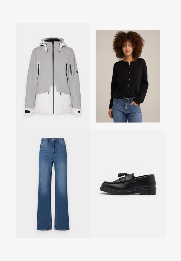 Pilkas ir baltas izoliuotas džemperis su kapišonu. Su užtrauktukais užsegamomis kišenėmis, reguliuojamais rankogaliais ir dviejų spalvų dizainu. Pagaminta iš tekstūruotos medžiagos.; Juoda, tekstūruota megztinė su apvalia kaklo iškirpte ir mygtukų uždarymu. Dėvima ant mėlynų džinsų, turi ploną diržą su apvaliu sagtimi.; Balta trumpo rank Sleeves marškinėliai, pagaminti iš lengvo medvilnės. Turi apvalų iškirpimą ir sukurtas rankoves. Raudonas logotipo ženklelis ant apykaklės.; Aukštos juosmens, plačių kojų mėlyni džinsai iš džinsinio audinio, su klasikinio penkių kišenių dizainu ir švelniu blukimu per kojas.; Juodas odinis loafers su kutais, siūlėmis apdaila aplink kraštą ir storu guminiu padu, užtikrinančiu ilgaamžiškumą.