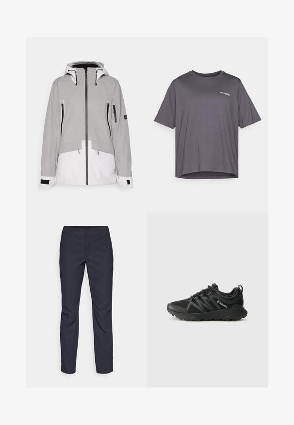 Hallide ja valge isoleeritud jakk kapuutsiga. Omab lukuga taskuid, reguleeritavaid mansette ja kahetooni disaini. Valmistatud tekstuurse kangaga.; Lühikeste varrukatega hall T-särk, mis on valmistatud siledast kangast. Omab ümarat kaelust ja väikest logo trükituna rinnal.; Tumedat sinised püksid sujuva kangaga, millel on esiääre nuppude sulgemine, kitsas lõige ja volditud detailid põlvede piirkonnas.; Columbia PEAKFREAK - Matkajalatsid - black