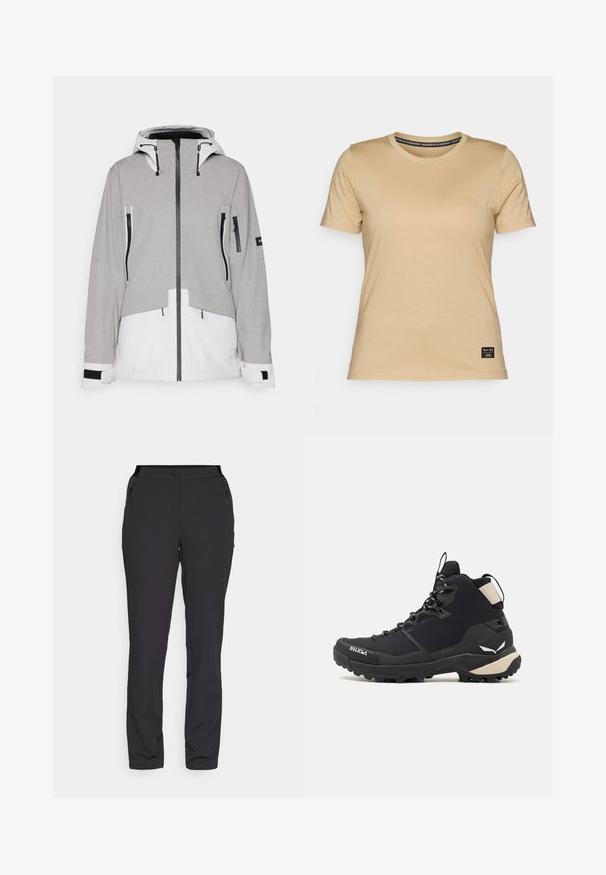 Grå og hvit isolert jakke med hette. Har glidelåslommer, justerbare mansjetter, og et to-farget design. Laget av teksturert stoff.; Salewa EAGLE LOGO PATCH - T-shirts - quicksand; Sorte utendørsbukser laget av lett stoff har en rett bendesign, glidelåslommer på siden og en justerbar midje.; Salewa PUEZ MID PTX - Fjellsko - black