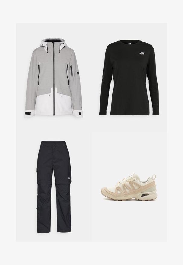 Pelēka un balta siltināta jaka ar kapuci. Tajā ir kabatas ar rāvējslēdzējiem, regulējami aproces un divkrāsu dizains. Izgatavota no teksturētas auduma.; Melnas garām piedurknēm T-krekls, izgatavots no kokvilnas ar apaļu kaklu. Tam ir mazs balts logo kreisajā krūtīs. Vienkāršs dizains un piegulums.; Melni nailona bikses ar noņemamām kājām, regulējamiem uzmavām, vairākām kabatām un logotipu uz labās kājas. Gluda, viegla tekstūra.; Beige un krēma sporta apavi ar strukturētu tīkla virsmu, atbalstošajiem slāņiem un gumijas zoli ar protektoru rakstu, kas nodrošina saķeri.