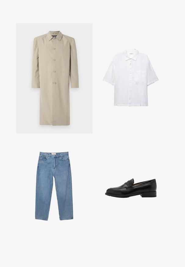 Cappotto trench beige realizzato in un tessuto morbido e leggero. Presenta un collo a camicia, chiusura frontale con bottoni e maniche lunghe con taglio dritto.; Camicia bianca a maniche corte con chiusura a bottoni, colletto e una singola tasca sul petto. Realizzata in tessuto leggero con una texture liscia.; Jeans in denim blu chiaro con taglio dritto, design a cinque tasche e etichetta del marchio visibile in vita.; Mocassini in pelle nera con punta cucita e tacco piatto. Texture liscia con punta arrotondata e una fascia decorativa sopra il collo del piede.
